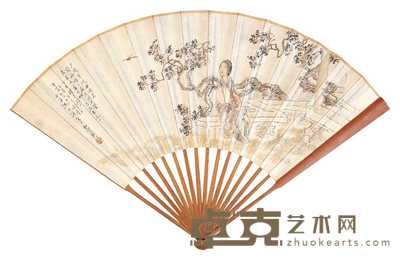 沈心海 沈思濬 亭院夕晚 书法 成扇 52×18cm